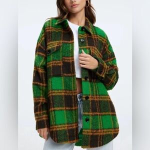 Good American Plaid Shacket Green Women’s Jacket